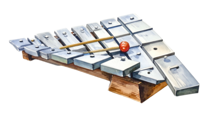 Xylophone close-up, bars, mallets, watercolor illustration
