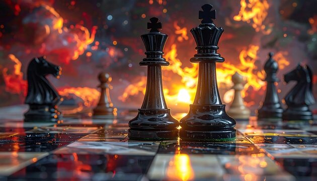 Close-up of a chessboard with pieces set up, focus on two kings, with fire-like nebulous background. Dramatic lighting