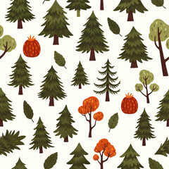 Charming hand-drawn evergreen trees and autumn foliage create a whimsical forest pattern, perfect for playful designs and nature-inspired themes