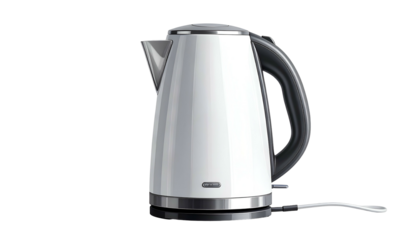 Clean, modern electric kettle with a white body and black handle