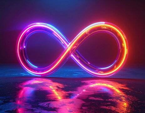Illuminated infinity symbol, vibrant neon hues reflected on dark surface - Powered by Adobe