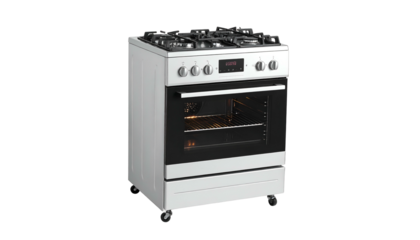 White gas range with oven visible on black background