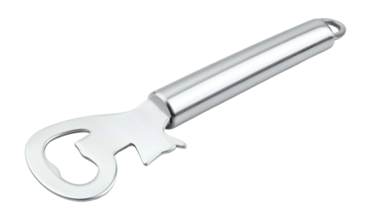 Chrome bottle opener with a can puncturing tab; black backdrop