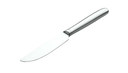 Silver dinner knife, simple, modern, centered on a black background