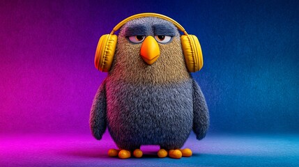 a cute cartoon penguin character wearing headphones against a vibrant background