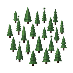 Collection of green Christmas trees with star toppers and various shapes for holiday decorations