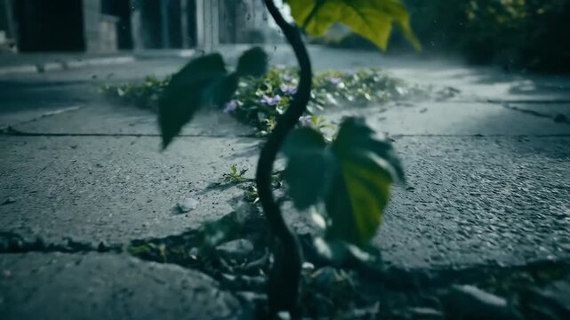 Small plant growing through cracks in a gray concrete road with mist and sunlight