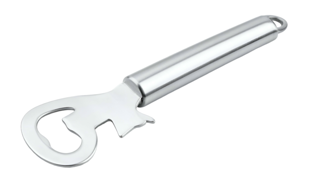 Chrome bottle opener with a can puncturing tab; black backdrop