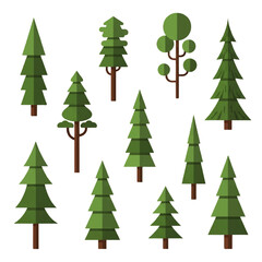 Obraz premium A diverse collection of stylized green evergreen, fir, and pine trees. This flat design vector set features various forest elements and nature icons for design projects