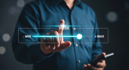 Businessman Adjusting Value Slider on Digital Interface With Glowing Lights technology