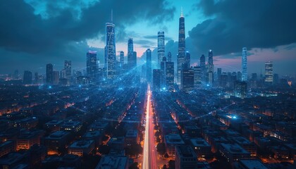 Night panorama of illuminated city. Skyscrapers, buildings connected by digital lines. Represents smart city tech as 5G connection, AI networking. Road with light trails below at twilight.