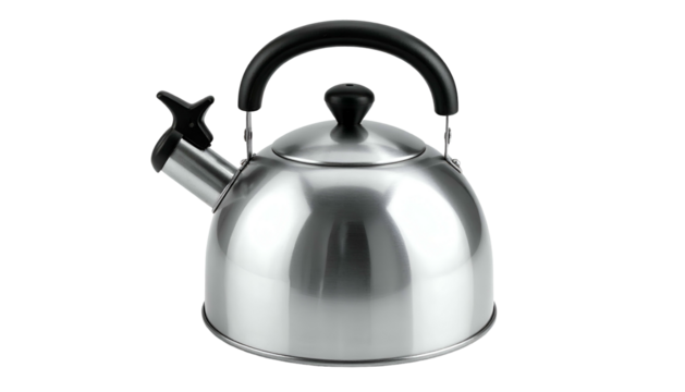 Shiny metal kettle with black handle and spout