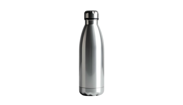 Sleek metallic water bottle with smooth, reflective, curved surfaces