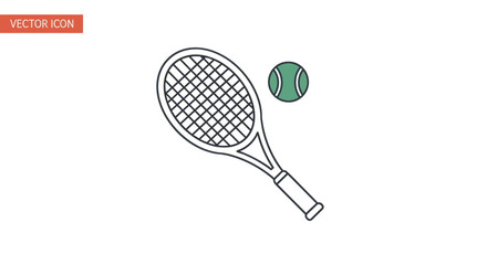 Simple Line Art Tennis Racket and Ball Icon.