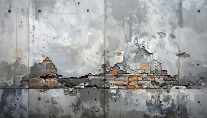 Close-up of a distressed concrete wall with exposed brick. The gray surface shows signs of weathering and damage. A section has crumbled revealing the aged orange-red masonry