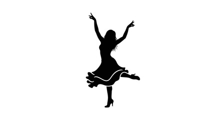 Silhouette of a Woman Dancing with Arms Raised and Wearing a Dress.