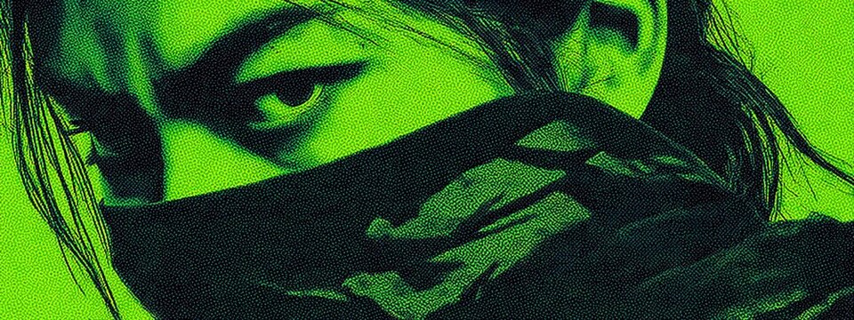 a silhouette of a person with a neon green background, depicted in a pixelated style