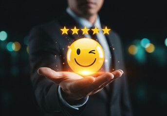 Businessman Presenting a Winking Smiley Face with Five Stars customer satisfaction