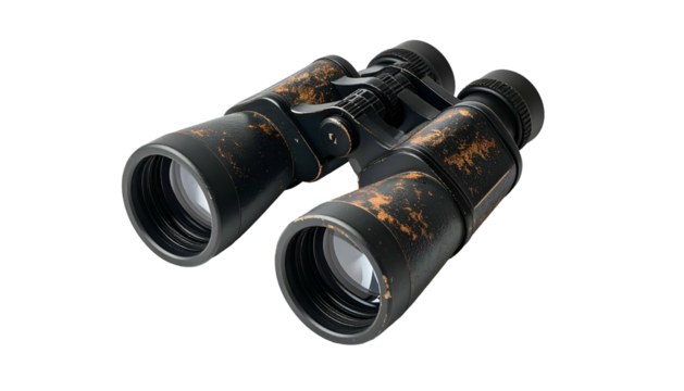 Camouflaged binoculars with large lenses against a black background