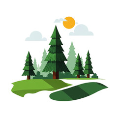 Serene Forest Landscape with Rolling Hills and Sunny Sky