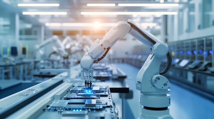Robotic arm precisely assembling electronics in a modern manufacturing facility with automation technology