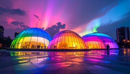 Fototapeta premium Vibrant Night Illumination of Modern Dome Buildings Reflected on Wet Ground.
