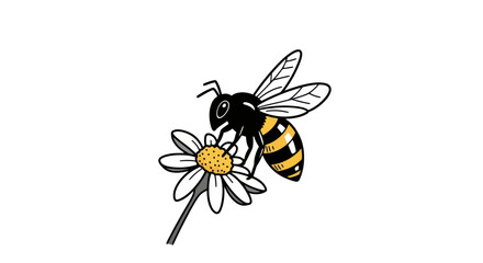 Cartoon Bee Pollinating White Daisy Flower Illustration.