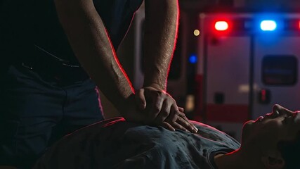Medical professionals performing cardiopulmonary resuscitation on patient at night