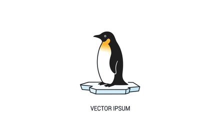A stylized illustration of an emperor penguin standing on a small ice floe.