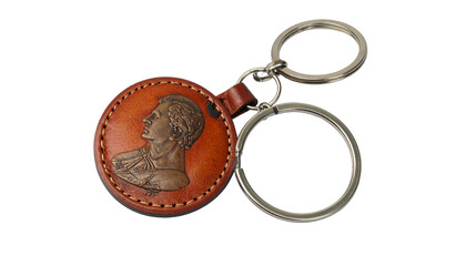 Etched portrait on brown leather keychain with silver metal rings