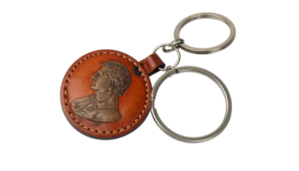 Etched portrait on brown leather keychain with silver metal rings