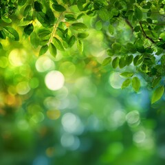 Obraz premium Lush Green Leaves in Vibrant Forest, Close-Up View, Abstract Glow, Peaceful Environment