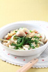 Mushroom stir fry made by master chef Hanshunseop, a Korean dish with a savory aroma, nutty taste, and tender mushroom texture. Photographed in Korea.