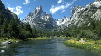A serene river meanders through a lush valley, framed by majestic, snow-capped mountains under a bright, cloud-dappled sky, evoking a sense of peaceful grandeur and natural beauty.