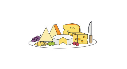 Cheese platter illustration with various cheeses grapes crackers olives and a knife.