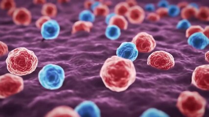 Microscopic view of immune cells such as Tcells and Bcells interacting with cancer cells on a cellular surface illustrating immunotherapy or disease progression in a biological context. - Powered by Adobe