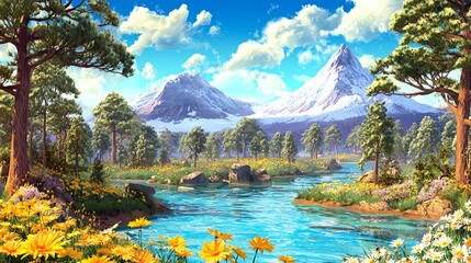 A vibrant landscape depicts a clear river winding through a lush forest, framed by majestic snow-capped mountains under a bright blue sky with fluffy clouds, evoking serenity.