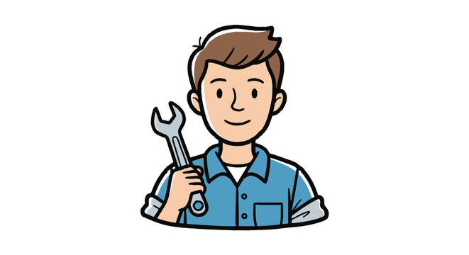 Cartoon Man Holding a Wrench Skilled Mechanic Character Illustration.