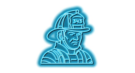 Glowing Neon Blue Firefighter Head Outline with Helmet 343.