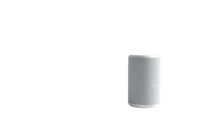 White cylinder speaker on black background, minimalist design