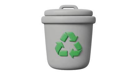 Gray Recycle Bin with Green Symbol and Lid 3D Rendered.