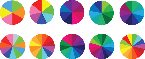 Pie chart color icons. Segment slice sign. Circle section graph.,6,7,8,9,10,11,12,13,14,15, segment infographic. Pie chart set. Wheel round diagram part symbol. Three phase, six circular cycle.