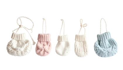 Tiny knit mitten ornaments, assorted colors, hanging on white string