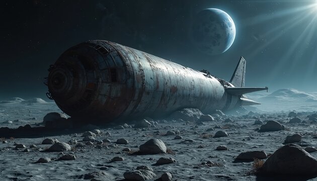 Wrecked rocket lies on planet surface under moonlight. Futuristic space ship crashes on the moon. Broken spaceship, concept of crash, fail, lost startup, finance crisis and bankrupt. Shuttle debris.