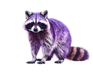 Purple raccoon with striped tail isolated on black background isolated on white background isolated on transparent background
