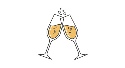 Two champagne flutes clinking with bubbly golden liquid and rising bubbles.