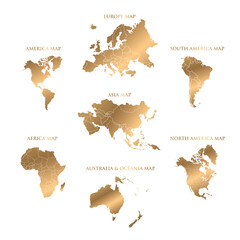 Vector map set of 7 continents, golden color in spiral style Asia Africa Europe South America North America Australia and Oceania Antarctica