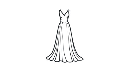 Simple black and white line art illustration of an elegant long V-neck evening gown.