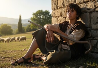 Young biblical shepherd boy David relaxing by stone wall in pastoral landscape