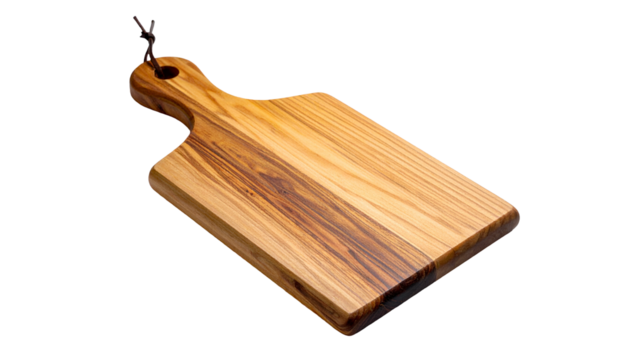 Rustic wooden cutting board with handle on a dark background